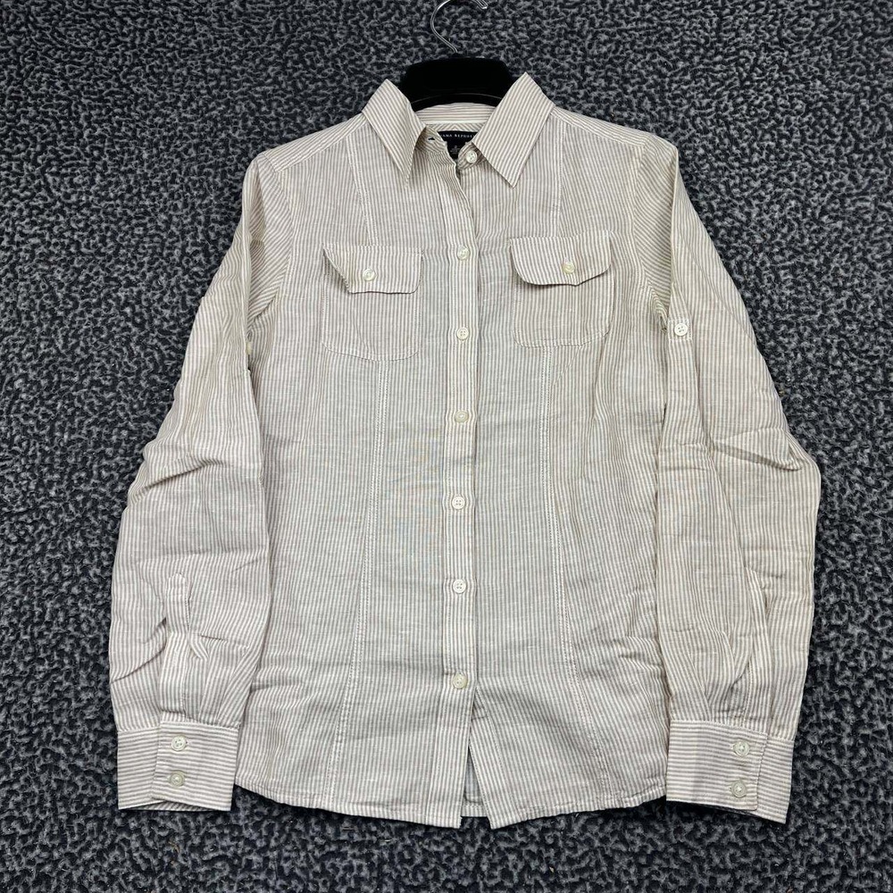 Banana Republic Button Up Shirt Women 2 Linen Cotton Striped Tan Long Sleeve